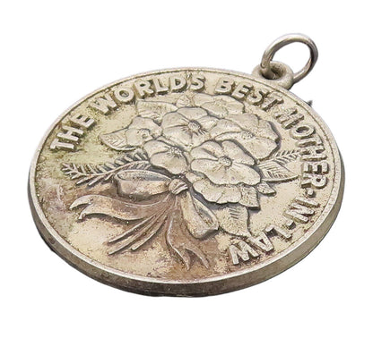 925 Sterling Silver Vintage Best Mother In Law Medal Carved Pendant PT22097