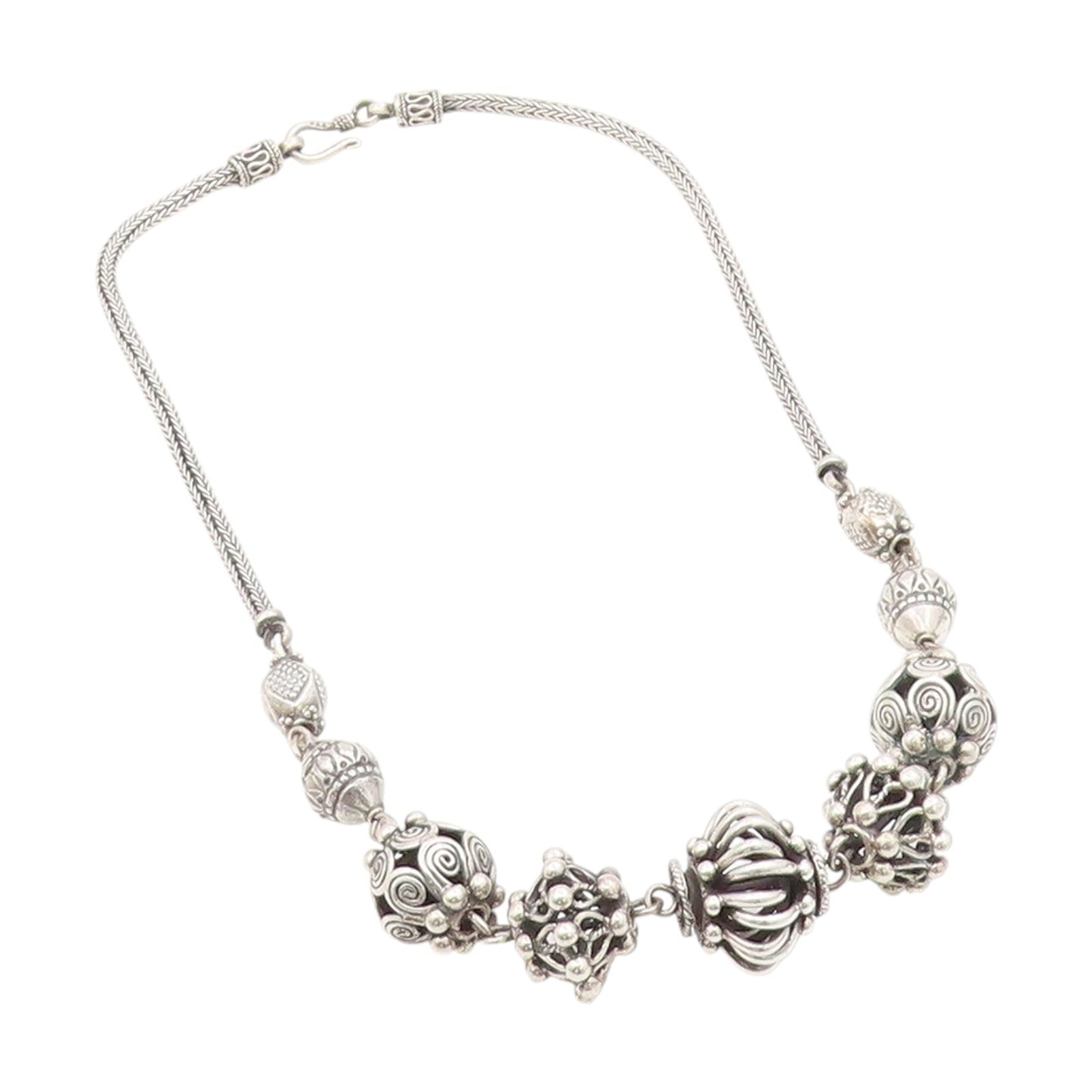 925 Sterling Silver Vintage Necklace Chunky Bohemian Beaded Design Chain  NE4686
