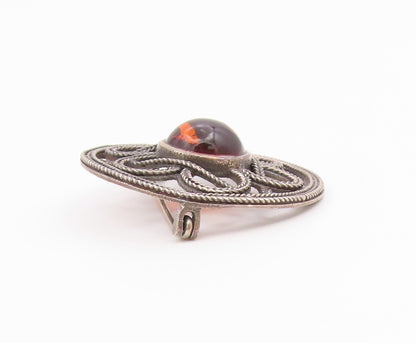 925 Sterling Silver  Vintage Cabochon Amber Wheat Floral Brooch Pin  BP4831