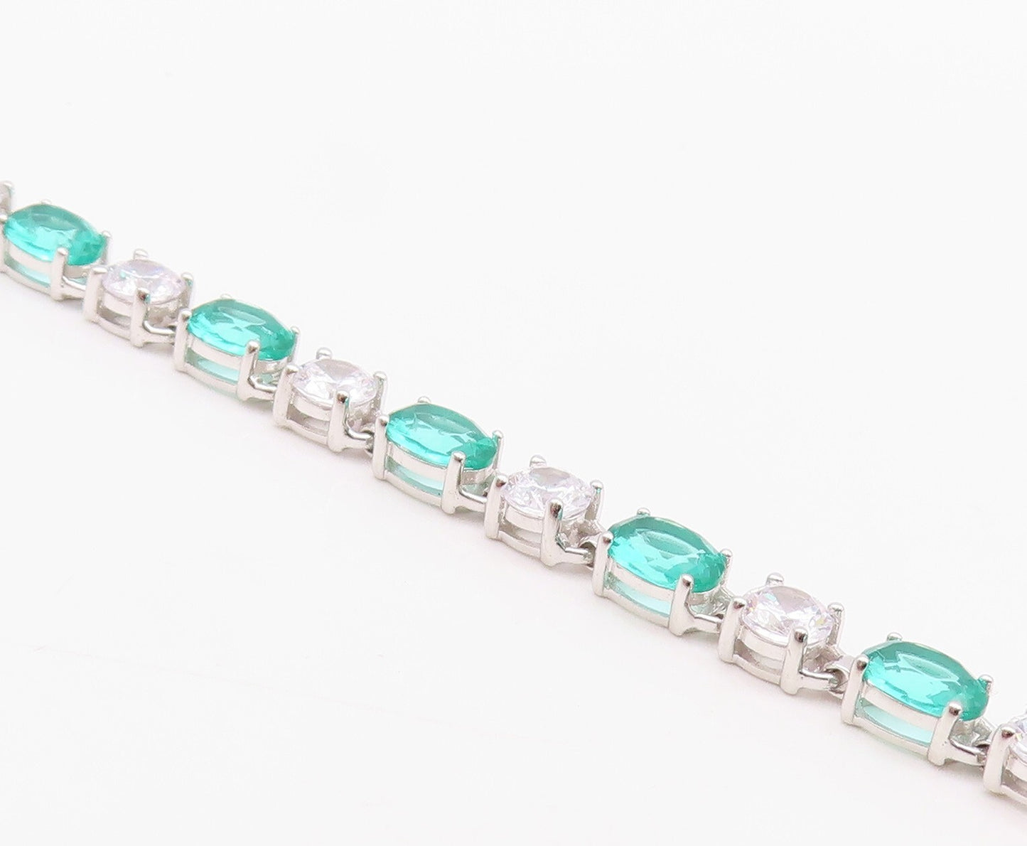 925 Sterling Silver Vintage Bracelet Oval Cut Sea Green & White Topaz  BT10880