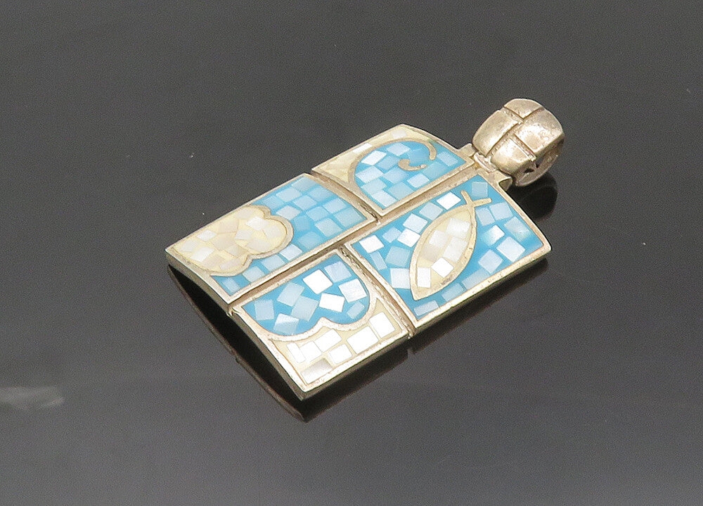 925 Sterling Silver  Vintage Mother Of Pearl Mosaic Pattern Pendant  PT16102