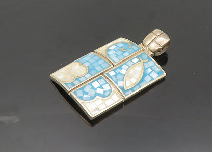 925 Sterling Silver  Vintage Mother Of Pearl Mosaic Pattern Pendant  PT16102