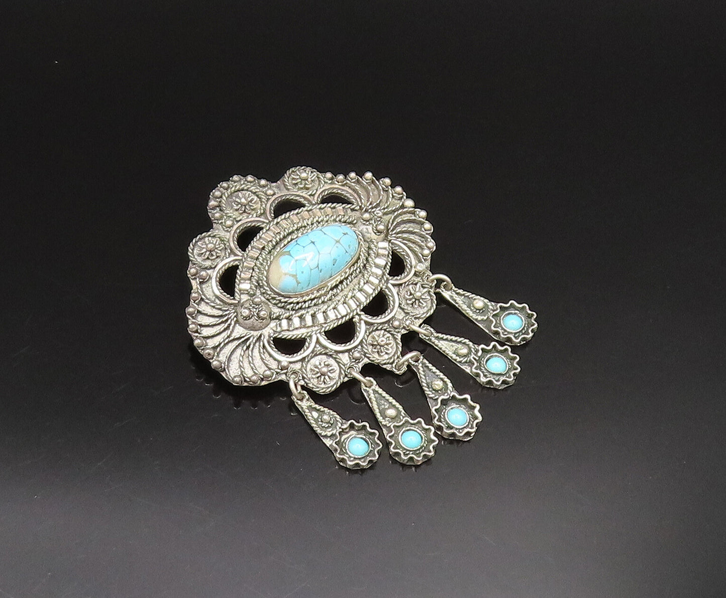 MIDDLE EAST 925 Silver  Vintage Beads & Rope Turquoise Brooch Pin  BP9609