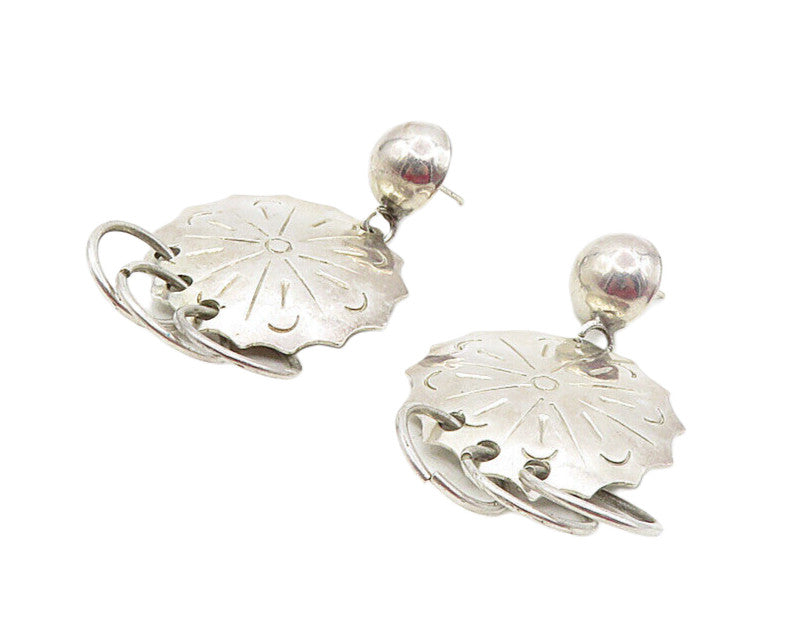 MEXICO 925 Silver  Vintage Shiny Floral Etched Design Dangle Earrings  EG4676