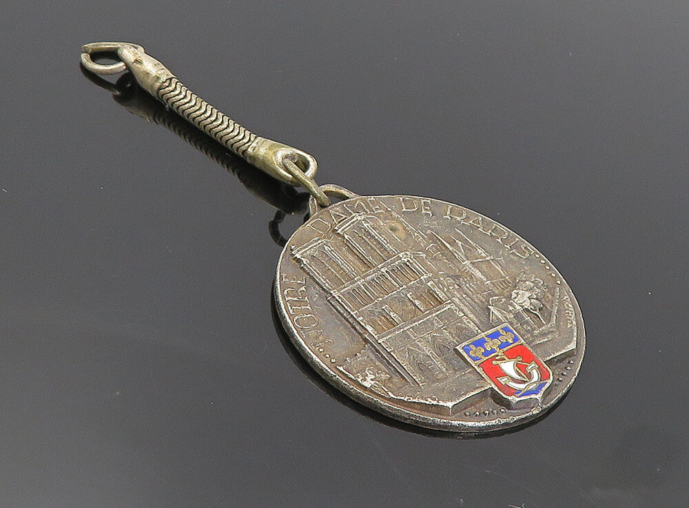 925 Sterling Silver  Vintage Antique Enamel Notre Dame Paris Key Chain  TR1359