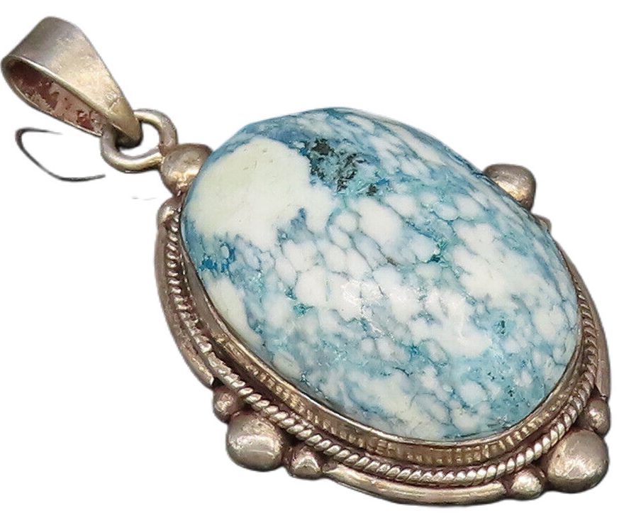 925 Silver  Vintage Bead & Rope Edge Cabochon Blue Spot Jasper Pendant PT21866