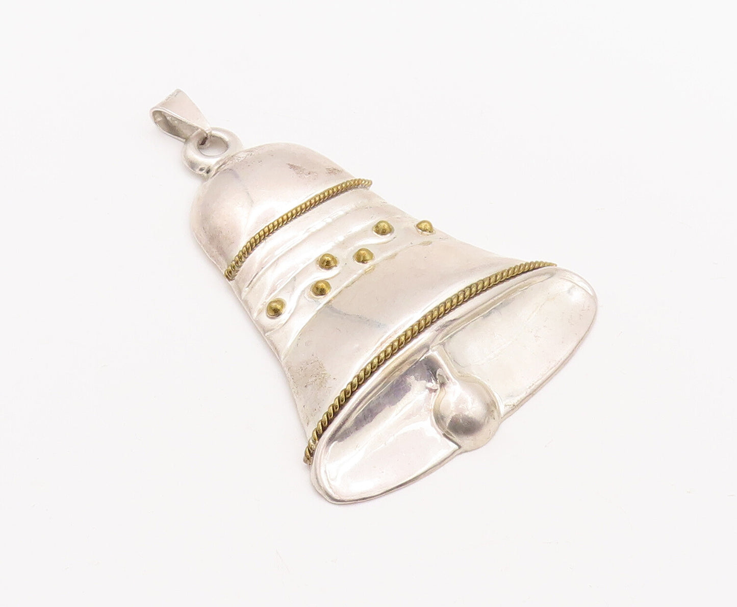 925 Sterling Silver Vintage Pendant MEXICO Large Carved Christmas Bell  PT23155