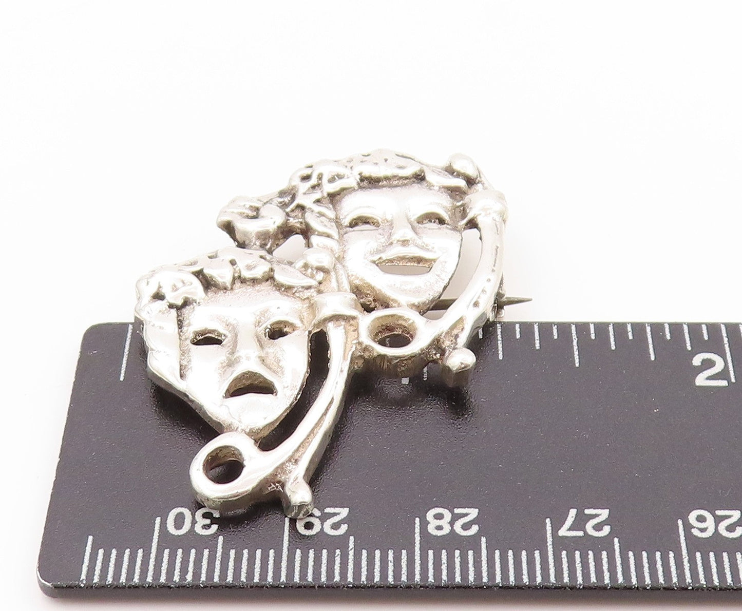 925 Sterling Silver Vintage Brooch Happy & Sad Mime Faces Carved  BP11646