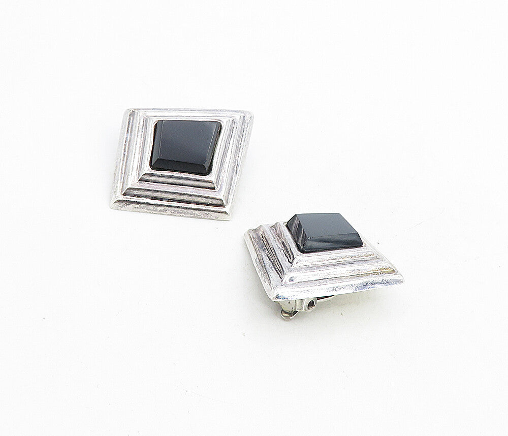 MEXICO 925 Sterling Silver  Vintage Black Onyx Non Pierce Earrings  EG4479