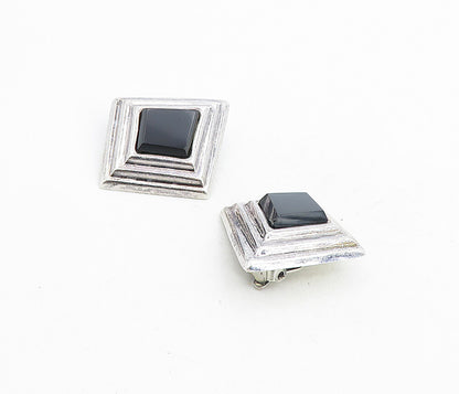 MEXICO 925 Sterling Silver  Vintage Black Onyx Non Pierce Earrings  EG4479
