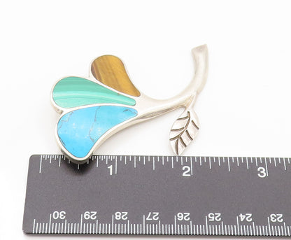 MEXICO 925 Silver  Vintage Tigers Eye Turquoise & Malachite Brooch Pin BP10142