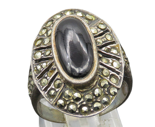 925 Sterling Silver  Vintage Black Onyx & Marcasite Cocktail Ring Sz 8 RG21221