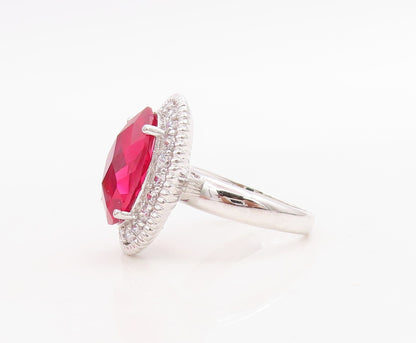 925 Sterling Silver Vintage Ring Large Oval Red Halo White CZ Sz 6  RG30708