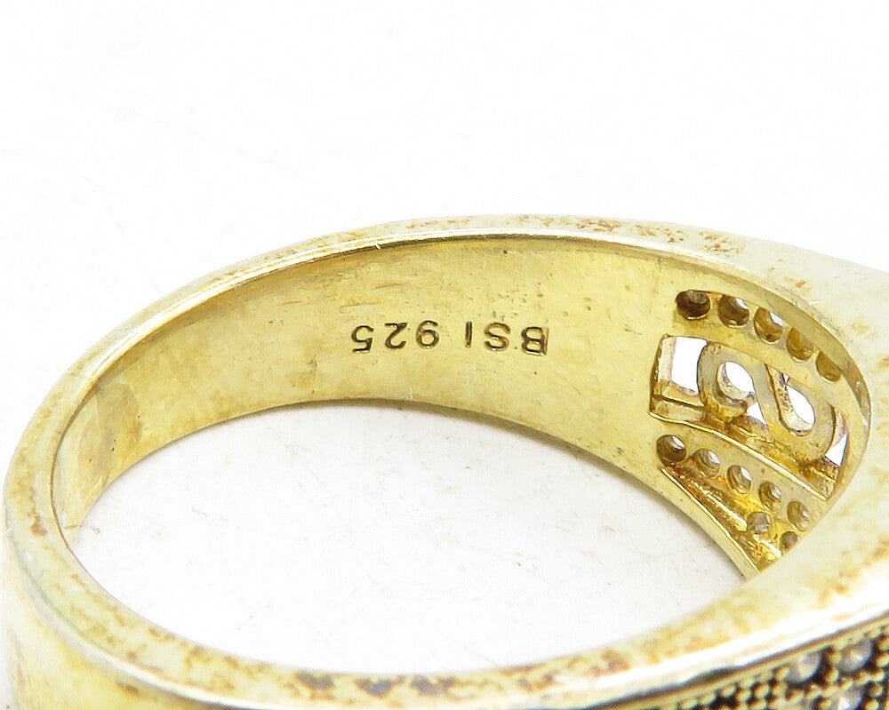 925 Sterling Silver  White Topaz Gold Plated Square Band Ring Sz 9  RG12213