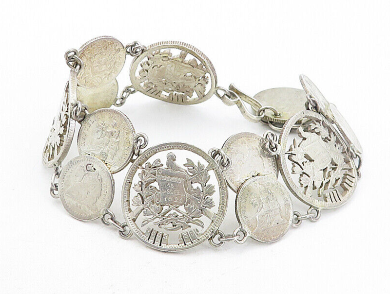 925 Sterling Silver  Vintage Antique Guatemalan Coin Chain Bracelet  BT3531