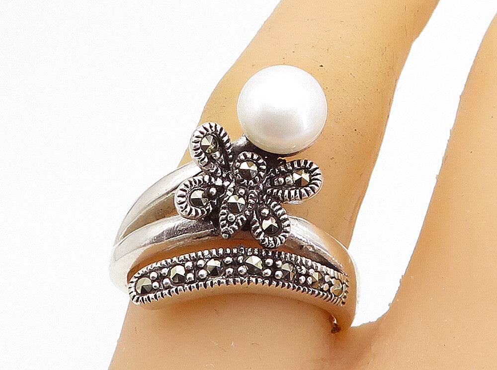 925 Sterling Silver  Pearl & Marcasite Butterfly Bypass Band Ring Sz 8  RG8252