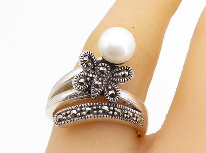 925 Sterling Silver  Pearl & Marcasite Butterfly Bypass Band Ring Sz 8  RG8252