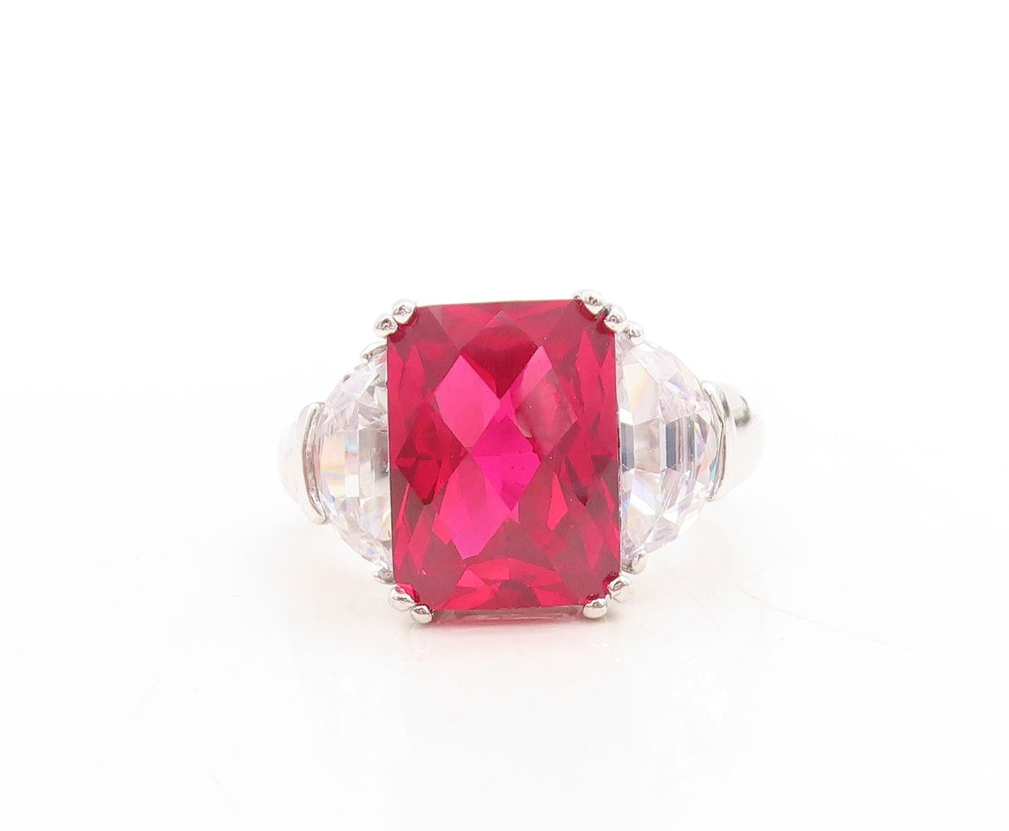 925 Sterling Silver Vintage Ring Red & White CZ Side Stones  Sz 10  RG31635