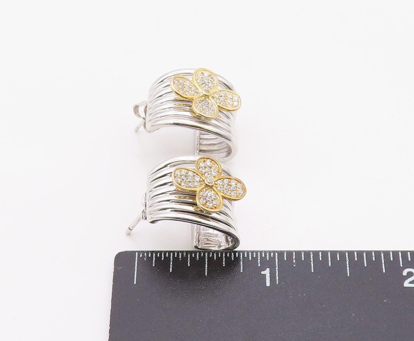 925 Sterling Silver Vintage Earrings Two Tone CZ Clover Cluster J Hoop  EG14370