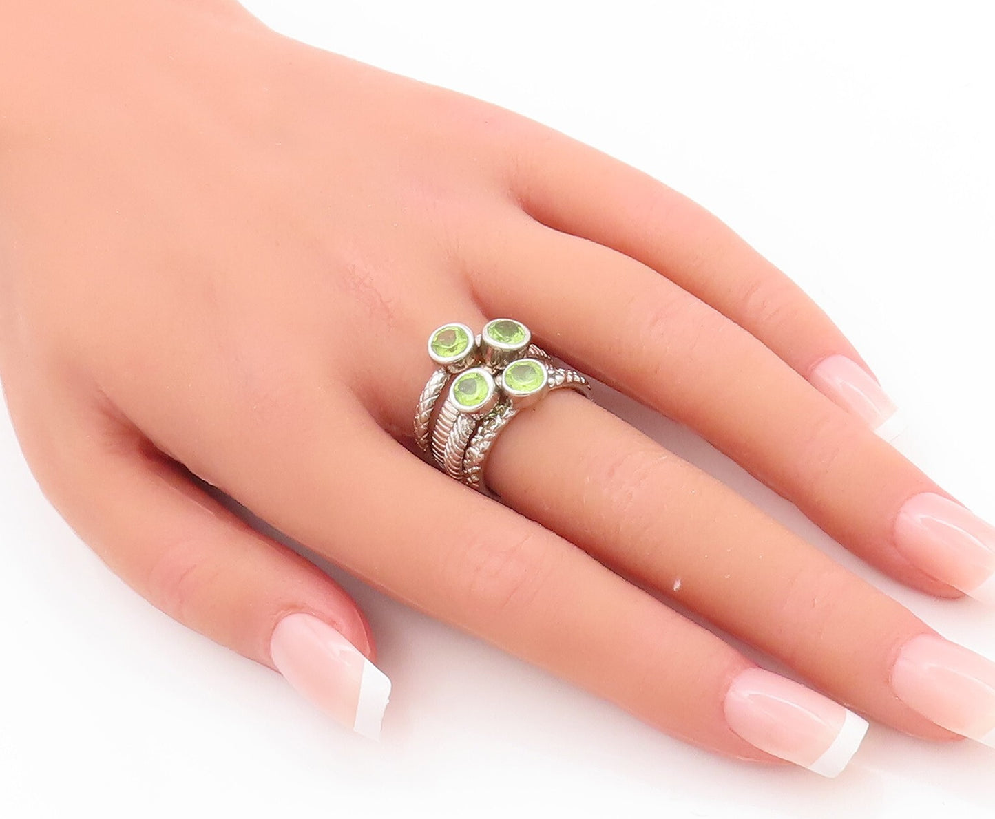 925 Sterling Silver Vintage Ring Carved Stackable Peridot Inlay  Sz 8  RG29853