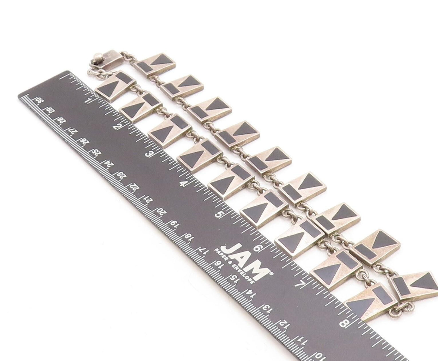 MEXICO 925 Sterling Silver Vintage Inlaid Black Stone Chain Necklace  NE1967