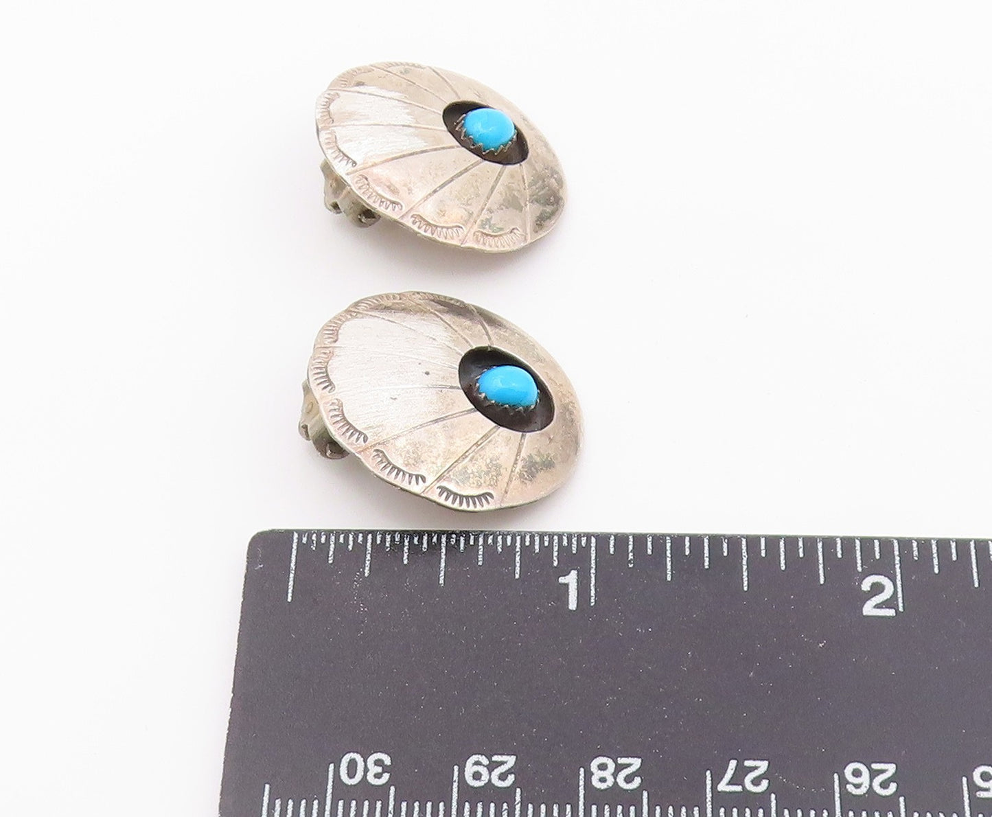 925 Sterling Silver Vintage Earrings NAVAJO Turquoise Concho Clip On  EG14433