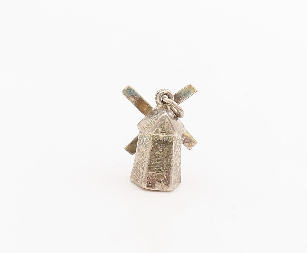 925 Sterling Silver Vintage Pendant 3D Etched Windmill Souvenir Charm  PT25577
