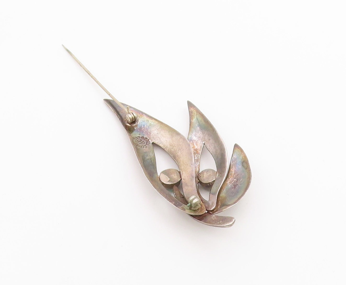 MEXICO 925 Silver  Vintage Tri Cutout Leaf Beaded Turquoise Brooch Pin BP10398