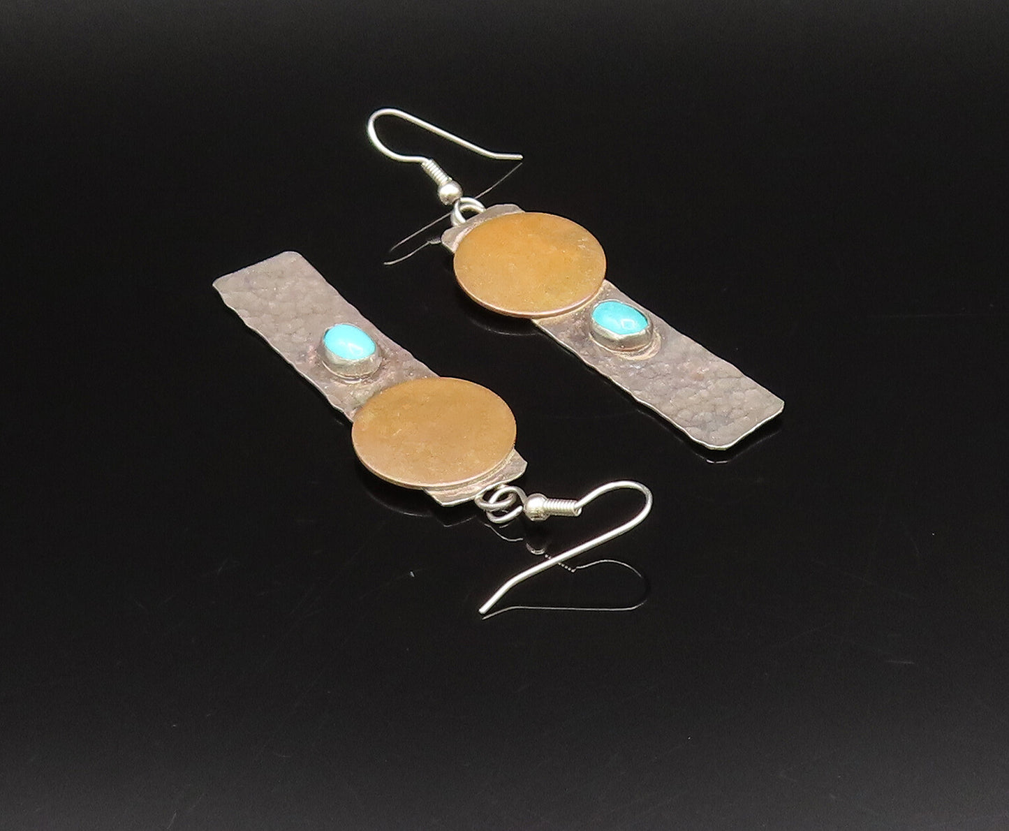 925 Silver  Vintage Round Disc & Hammered Flat Bar Turquoise Earrings  EG12230