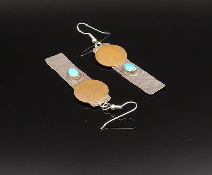 925 Silver  Vintage Round Disc & Hammered Flat Bar Turquoise Earrings  EG12230