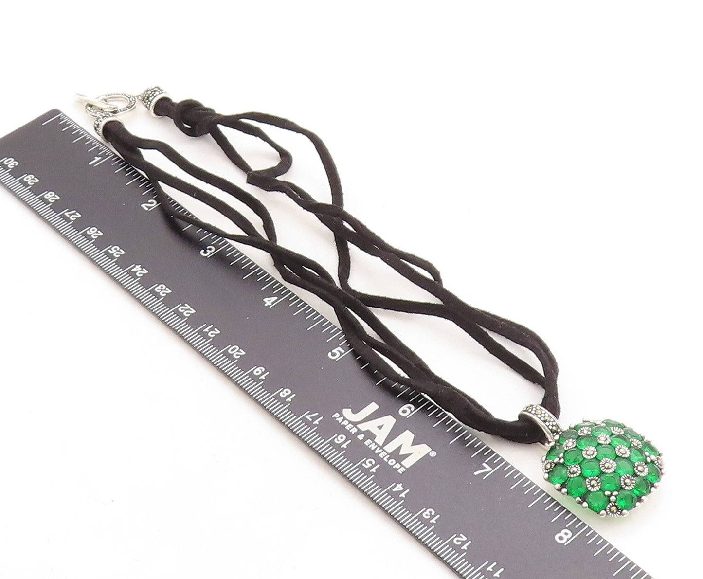 925 Sterling Silver  Green Topaz & Marcasite Suede Chain Necklace  NE2130