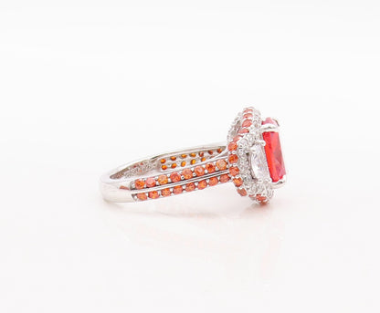 925 Sterling Silver Vintage Ring Designer Orange Red & White CZ  Sz 7  RG29505
