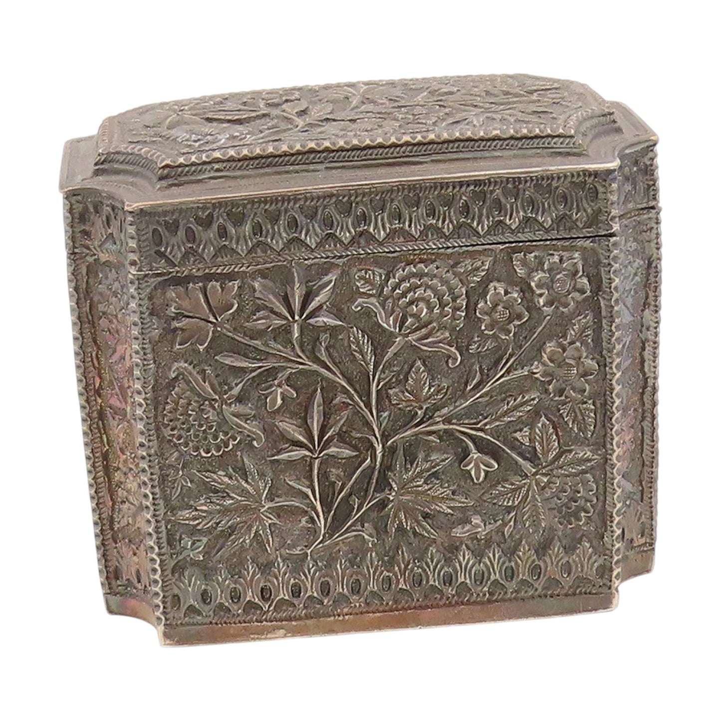 Vintage Silver  Large Trinket Box Antique Intricate Floral OPENS  TR4147