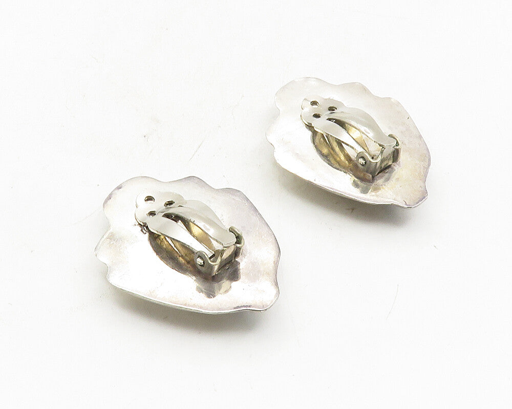 MEXICO 925 Silver  Vintage Black Onyx Scalloped Non Pierce Earrings  EG5338