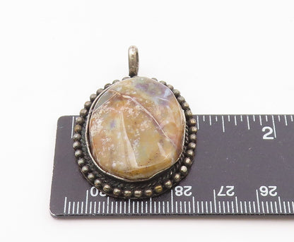 925 Sterling Silver  Vintage Jasper Bubble Twist Border Oval Pendant  PT7715