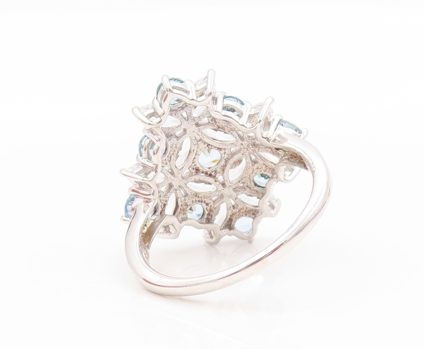 925 Sterling Silver Vintage Ring White & Blue CZ Flowers Inlay  SZ 9  RG31938