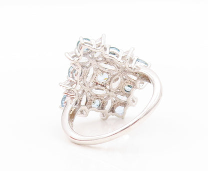 925 Sterling Silver Vintage Ring White & Blue CZ Flowers Inlay  SZ 9  RG31938