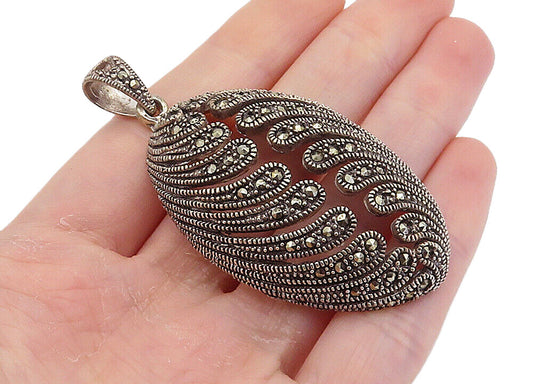 925 Sterling Silver  Vintage Marcasite Decorated Oval Dome Pendant  PT6083