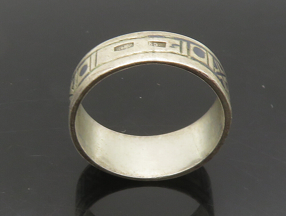 EUROPEAN 925 Silver  Vintage Enamel XO Pattern Tapered Band Ring Sz 8  RG24008