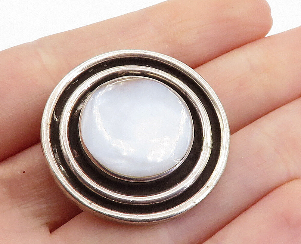 MEXICO 925 Silver  Vintage Mother Of Pearl Oxidized Round Pendant  PT4463