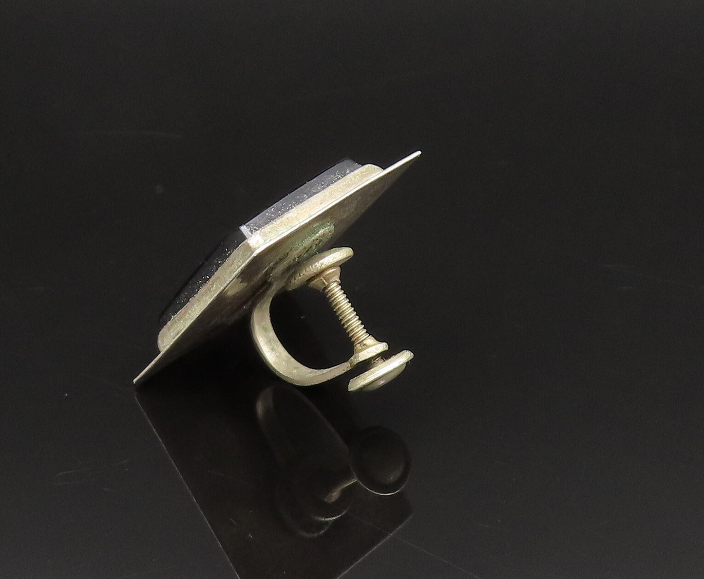 MEXICO 925 Silver  Vintage Rectangular Black Onyx Screw Back Earrings  EG11946