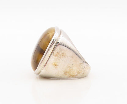 925 Sterling Silver Vintage Ring Modernist Square Tigers Eye  Sz 7.5  RG30332