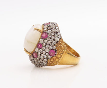925 Sterling Silver Vintage Ring Gold Plated Moonstone & Pink CZ Sz 6.5 RG30964