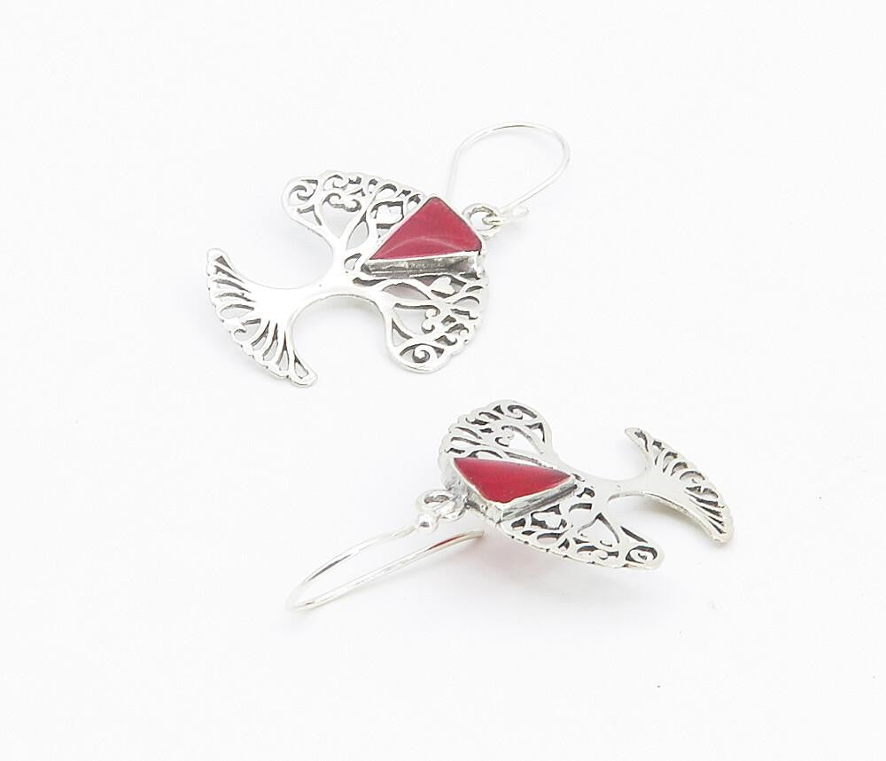 925 Sterling Silver  Red Sponge Coral Tree Of Life Love Drop Earrings  EG3015