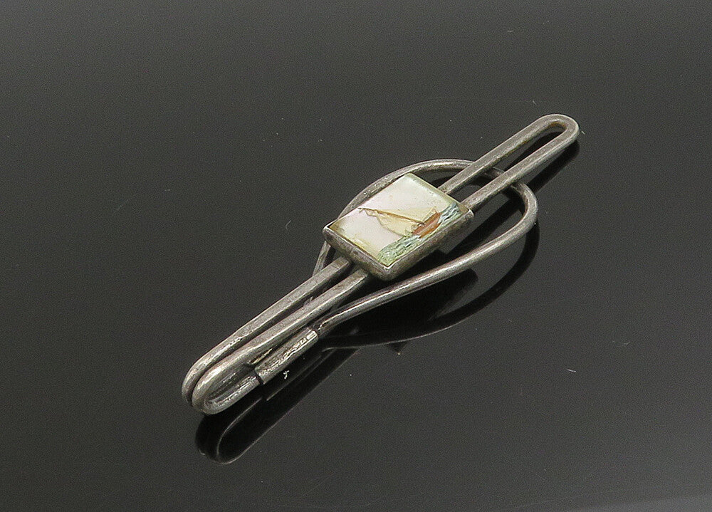 925 Sterling Silver  Vintage Mother Of Pearl Dark Tone Tie Clip  TR3182