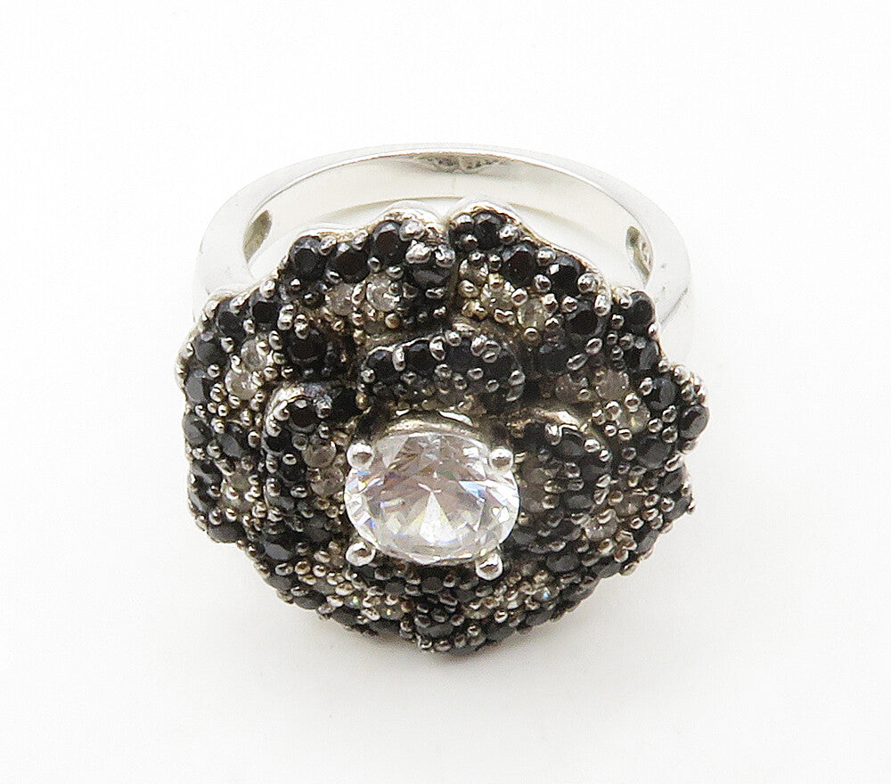 925 Silver  Cubic Zirconia & Hematite Flower Motif Cocktail Ring Sz 6  RG15123