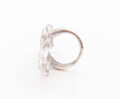 925 Sterling Silver Vintage Ring CZ Inlay Large Leaves Cutout  Sz 7  RG32331
