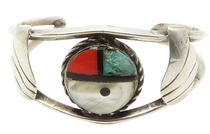ZUNI 925 Silver  Vintage Mother Of Pearl & Turquoise Cuff Bracelet  BT5483