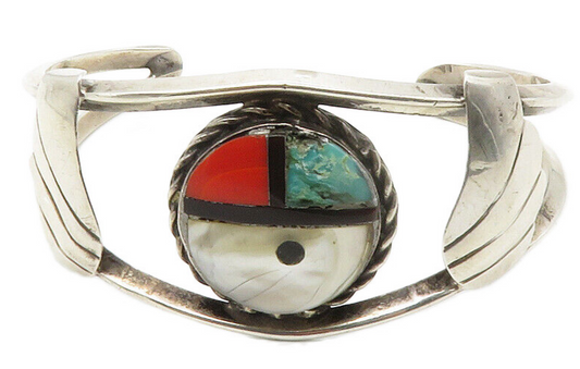 ZUNI 925 Silver  Vintage Mother Of Pearl & Turquoise Cuff Bracelet  BT5483