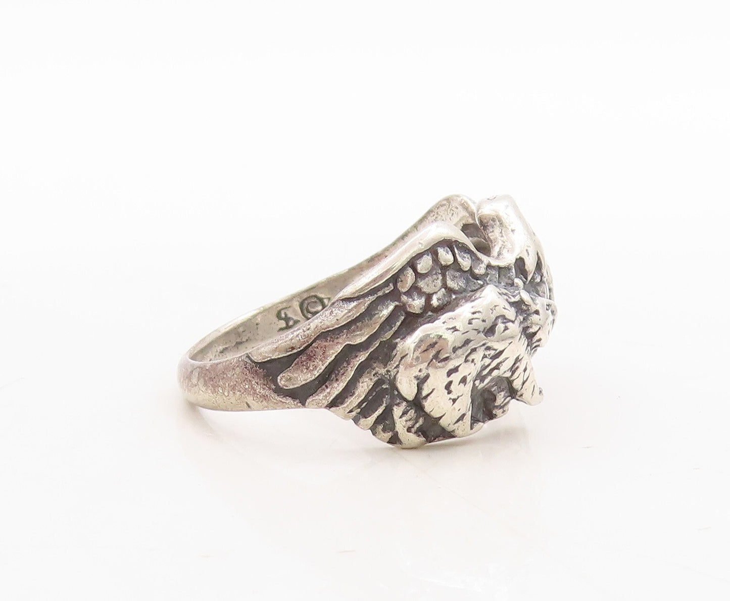 925 Sterling Silver Vintage Ring Dark Tone Designer Carved Eagle  Sz 10  RG31694